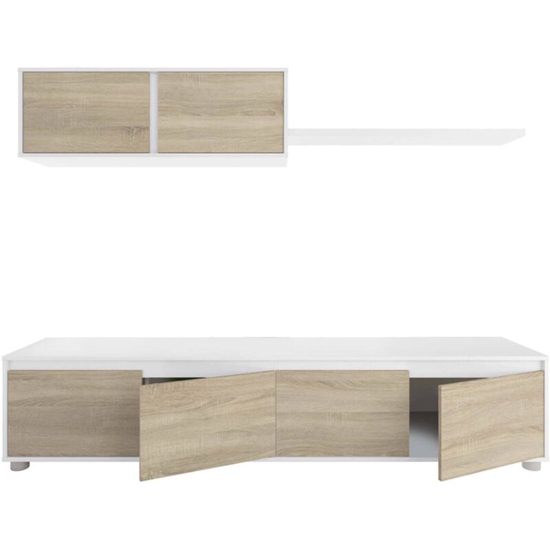 foto del prodotto dmora parete attrezzata savannah, mobile da soggiorno porta tv, composizione set salotto, set salotto con pensile, cm 200x41h43, bianco e rovere,