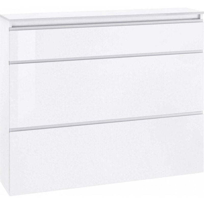foto del prodotto dmora scarpiera moderna, made in italy, a 2 ante e 1 anta a ribalta, portascarpe da ingresso, cm 120x27h108, colore bianco lucido, con imballo