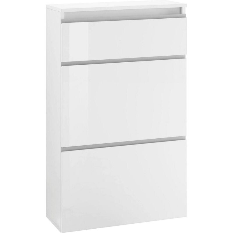 foto del prodotto dmora scarpiera moderna, made in italy, a 2 ante e 1 anta a ribalta, portascarpe da ingresso, cm 60x27h108, colore bianco lucido, con imballo