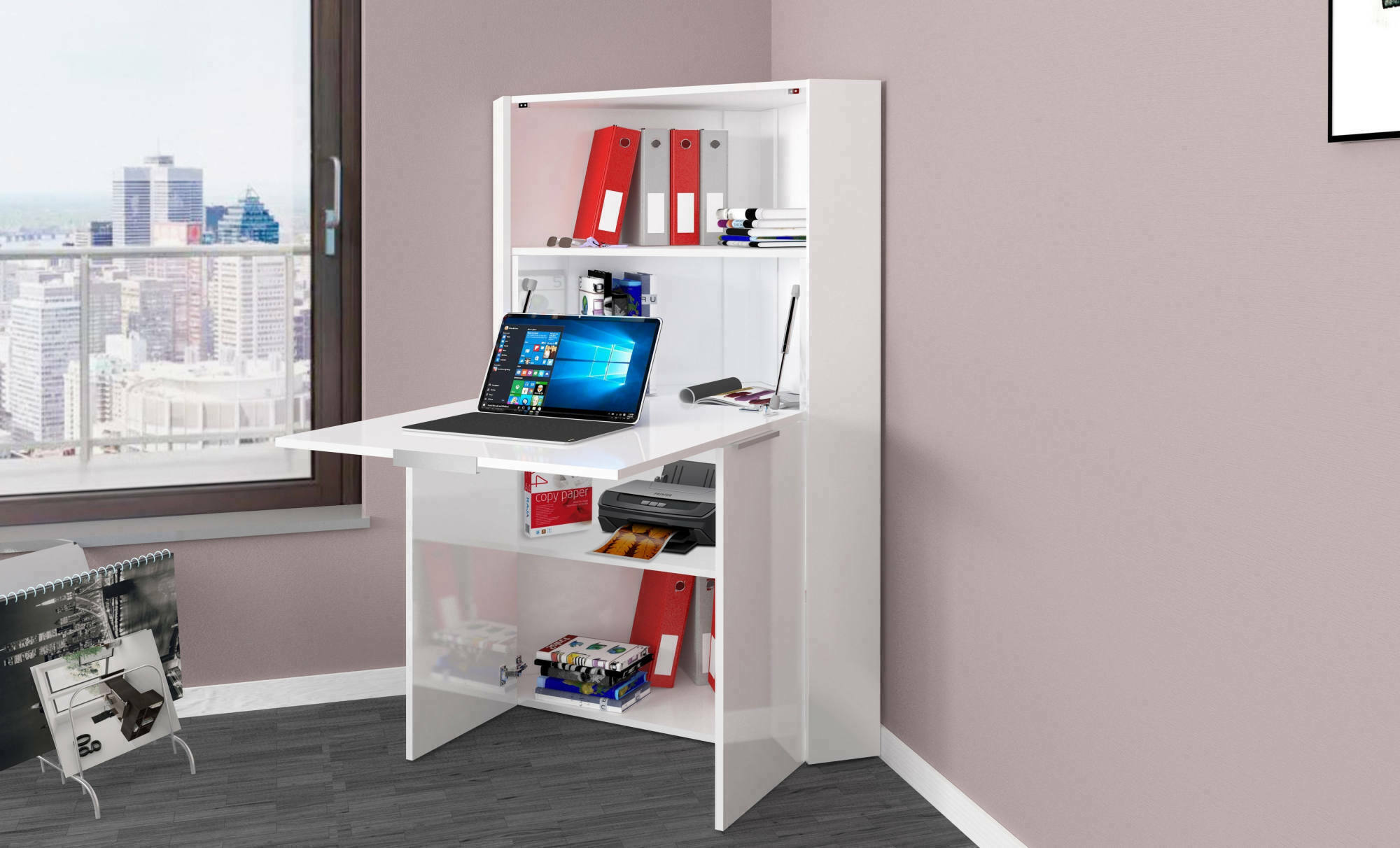 foto del prodotto dmora scrivania akiro, mobile multiuso con scaffali e piano da lavoro, tavolo multiuso per ufficio, scrivania salvaspazio multiposizione, 100 made