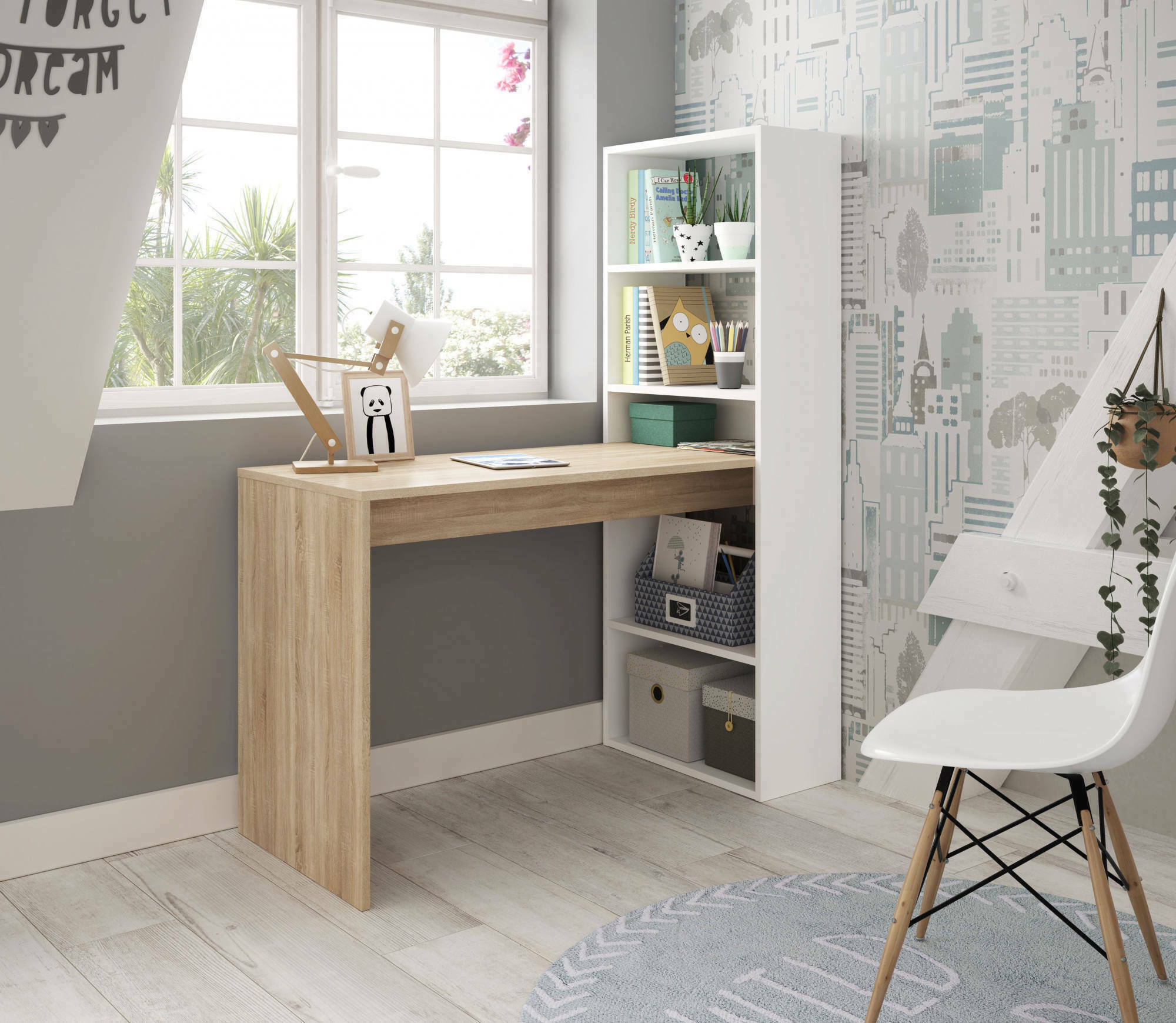foto del prodotto dmora scrivania ali, scrittoio multifunzione reversibile con libreria 5 ripiani, tavolo da studio o ufficio porta pc portalibri, 120x53h144 cm,