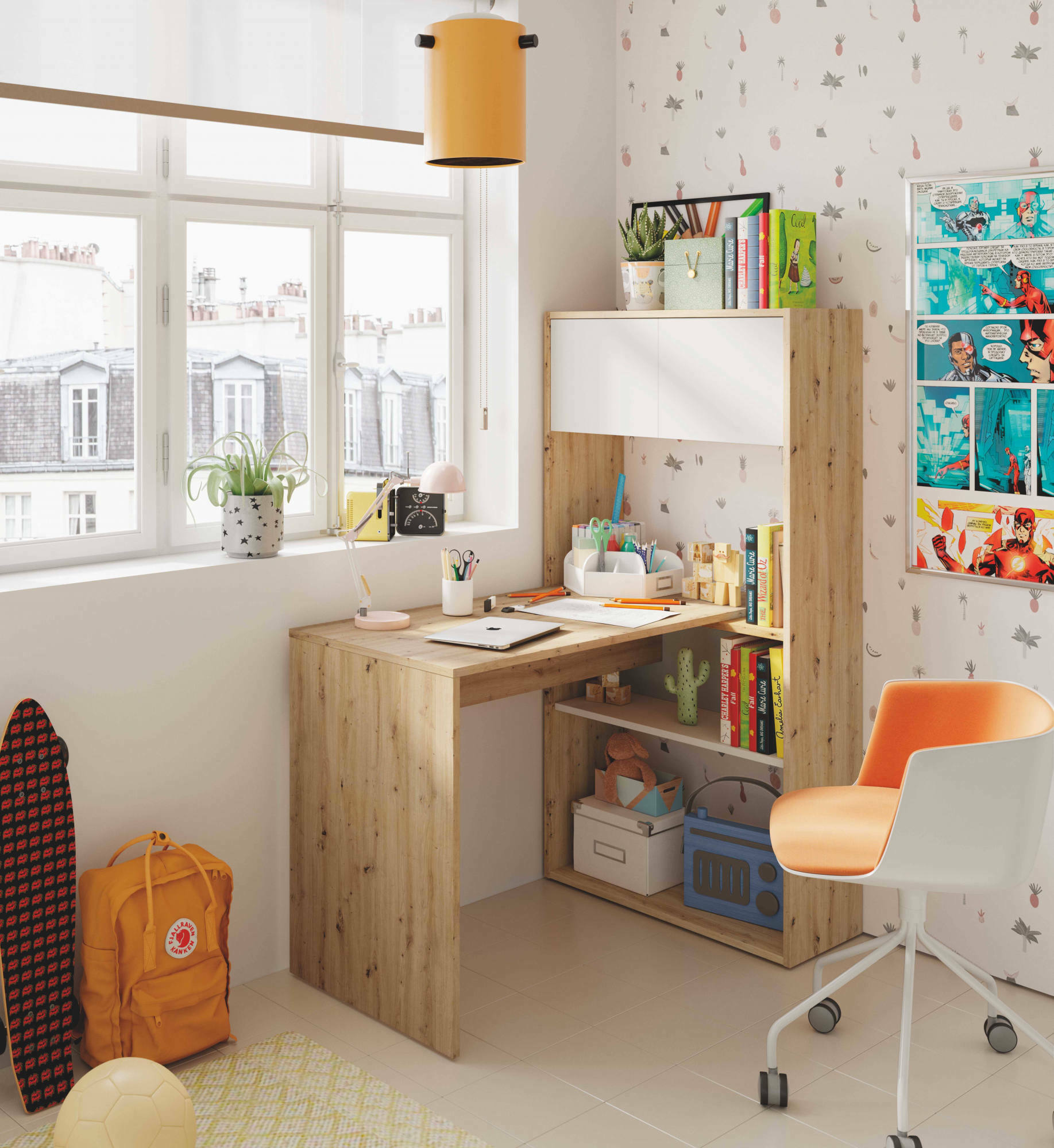 foto del prodotto dmora scrivania apogee, scrittoio multifunzione reversibile ad angolo con libreria, tavolo da studio o ufficio multiposizione, 108x70h140 cm,