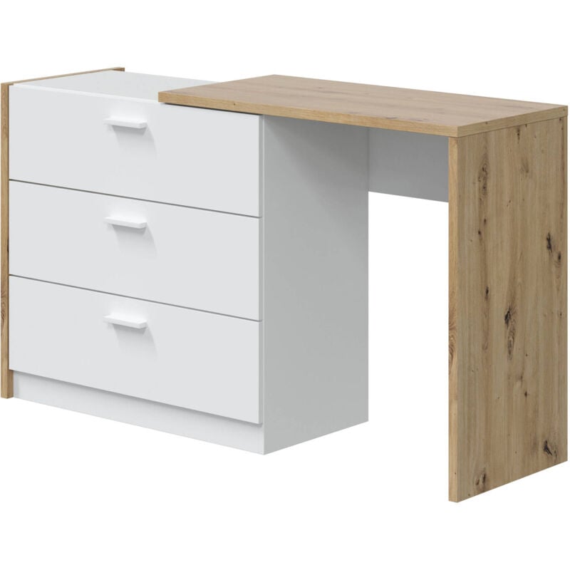 foto del prodotto dmora scrivania armando, scrittoio con cassettiera e piano a scomparsa, tavolo da studio o ufficio porta pc, 75x40h130 cm, bianco e rovere nodi