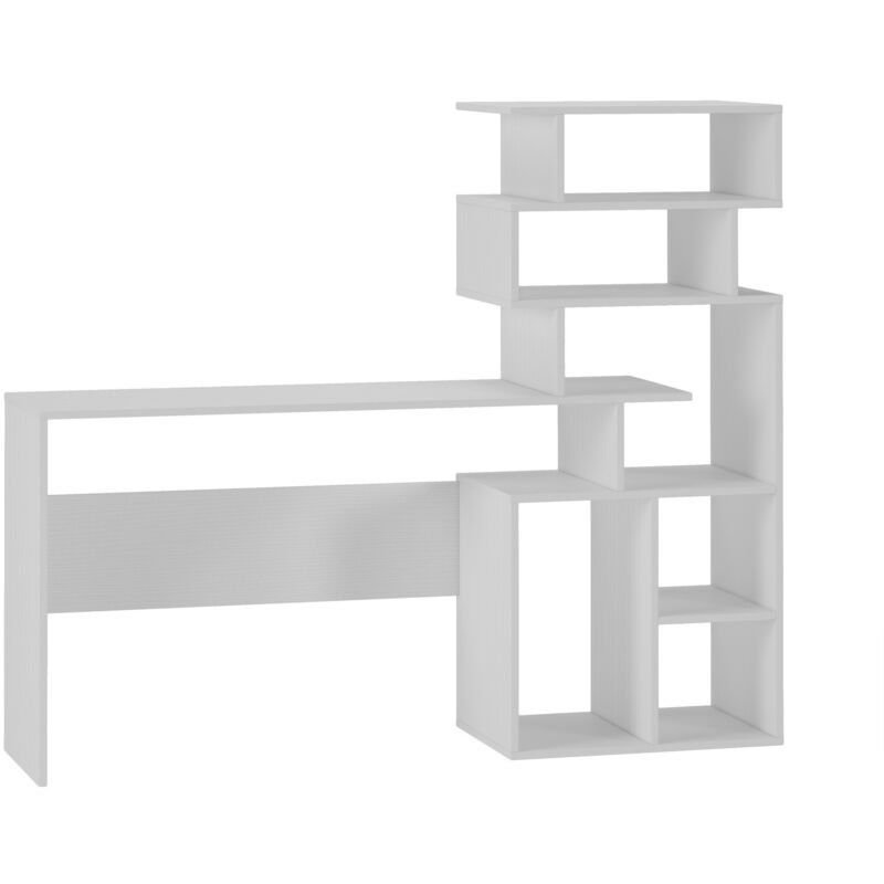 foto del prodotto dmora scrivania con libreria alta moderna, consolle con scaffali portaoggetti, tavolo da studio per cameretta, cm 160x40xh135, colore bianco, con