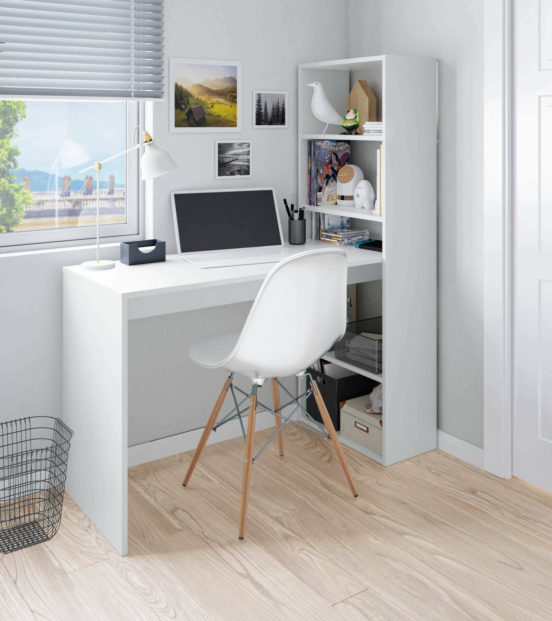 foto del prodotto dmora scrivania denton, scrittoio multifunzione reversibile con libreria a 5 ripiani, tavolo da studio o ufficio porta pc portalibri, cm