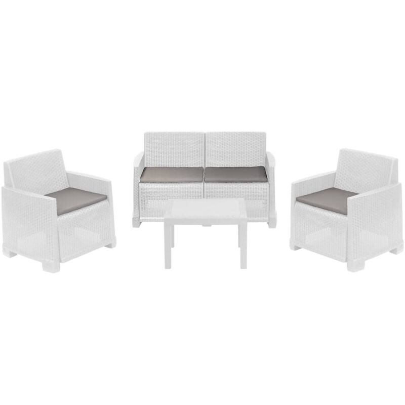 foto del prodotto dmora set salotto da esterno atrito, composizione da giardino con 2 poltrone, 1 divano e 1 tavolino, effetto rattan con cuscini, 100 made in