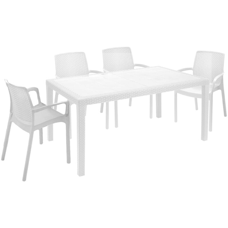 foto del prodotto dmora set salotto da esterno lograto, salottino outdoor e indoor, tavolo rettangolare fisso con 4 sedie impilabili, made in italy, bianco
