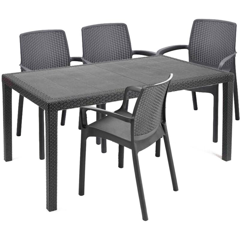 foto del prodotto dmora set salotto da esterno roccaraso, salottino outdoor e indoor, tavolo rettangolare fisso con 4 sedie impilabili, made in italy, antracite