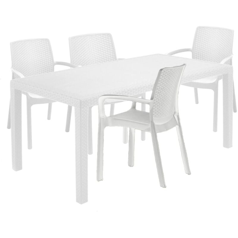 foto del prodotto dmora set salotto da esterno roccaraso, salottino outdoor e indoor, tavolo rettangolare fisso con 4 sedie impilabili, made in italy, bianco