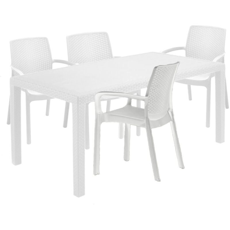 foto del prodotto dmora set salotto da esterno roccaraso, salottino outdoor e indoor, tavolo rettangolare fisso con 4 sedie impilabili, made in italy, bianco