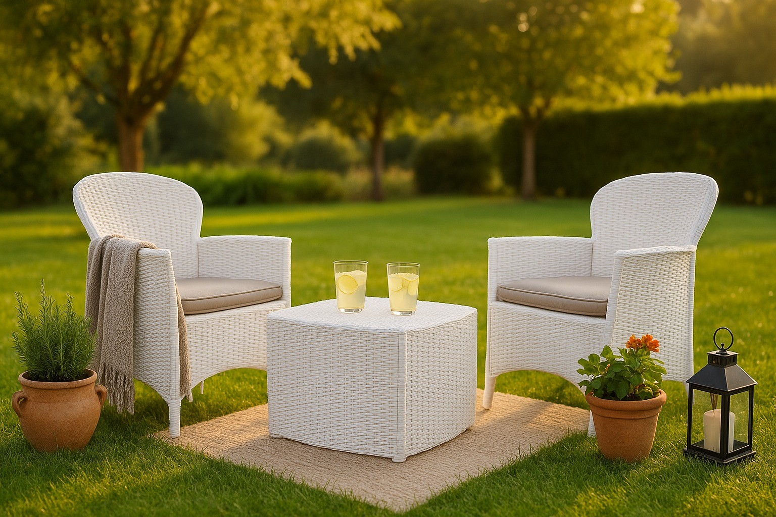 foto del prodotto dmora set salotto da esterno, set da giardino con 2 poltrone ed 1 tavolino contenitore, salottino effetto rattan, 100 made in italy, bianco