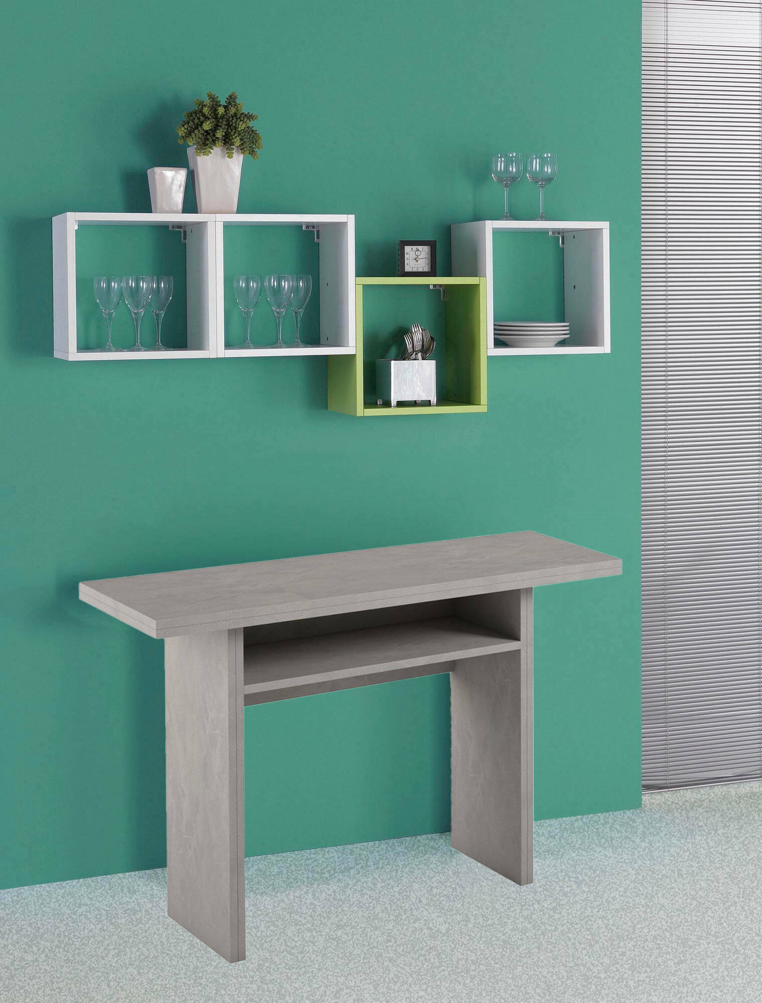 foto del prodotto dmora tavolo allungabile lavanda, consolle multiuso allungabile, tavolo da pranzo con apertura a libro, 100 made in italy, 120x70h75 cm, cemento,