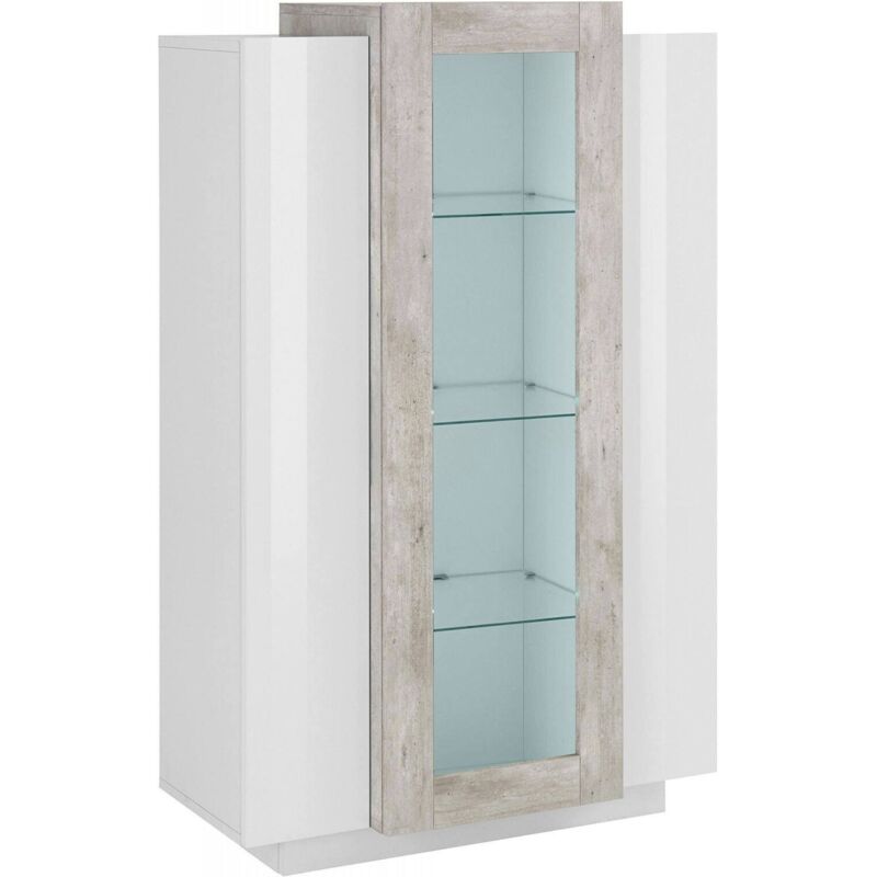 foto del prodotto dmora vetrina moderna con anta a vetro, made in italy, credenza con ripiani, mobile da soggiorno, vetrinetta, cm 80x38h121, colore bianco lucido e