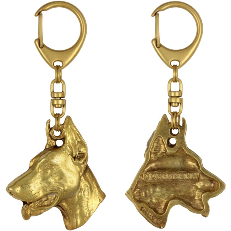 foto del prodotto doberman, dobermann i portachiavi placcato oro con un cane in una scatola regalo, decorazione per borsa, accessorio di lusso di art dog