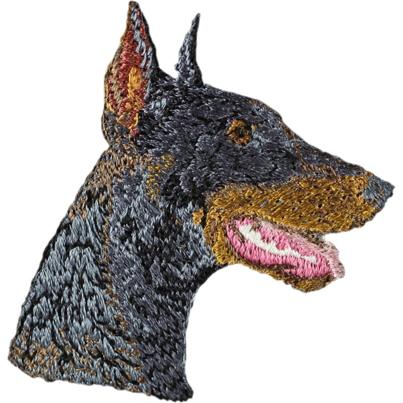 foto del prodotto doberman, dobermann i toppa a forma di cane, toppa ricamata, decorazione unica per uno zaino di art dog