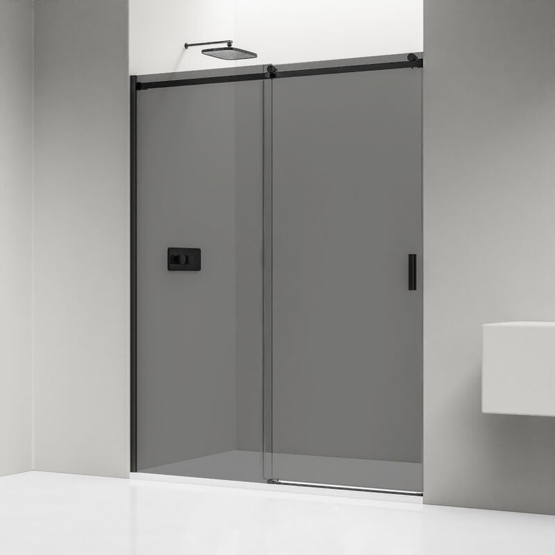 foto del prodotto doccia a nicchia con porta scorrevole nt806 flex nero opaco vetro nano grey spessore del vetro selezionabile 1300mm, vetro esg con 8mm di spessore