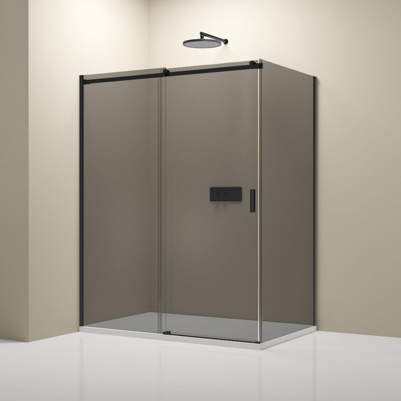 foto del prodotto doccia ad angolo con porta scorrevole nt806 flex nero opaco vetro nano grey spessore vetro selezionabile 100cm, 80cm, vetro esg con 6mm di