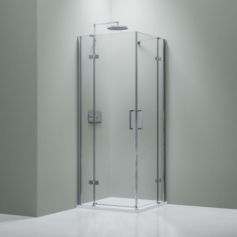 foto del prodotto doccia angolare con due porte a battente su pannello fisso nt407 vetro nano trasparente da 8 mm larghezza selezionabile 90cm, 90cm