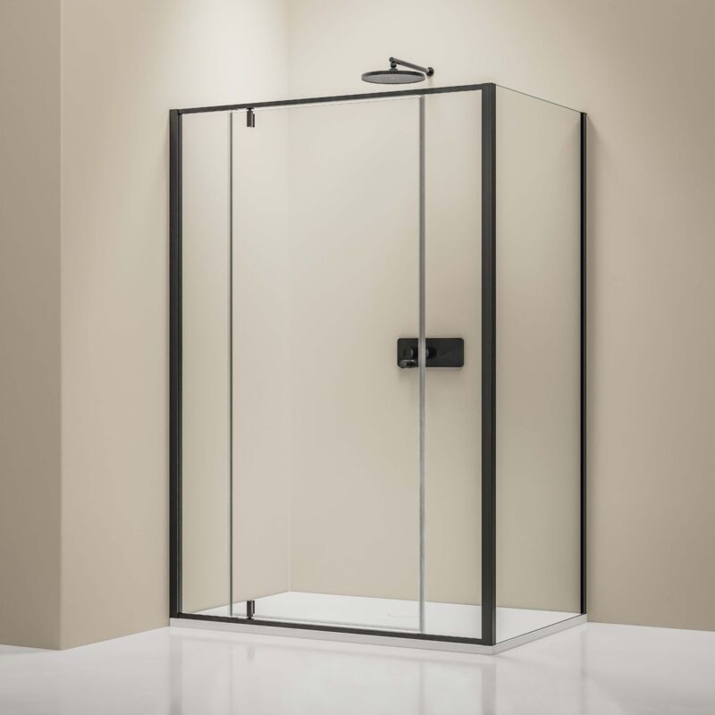 foto del prodotto doccia angolare con porta a battente su due pannelli fissi nt607 flex vetro nano trasparente da 6 mm colore del profilo selezionabile 80cm, nero