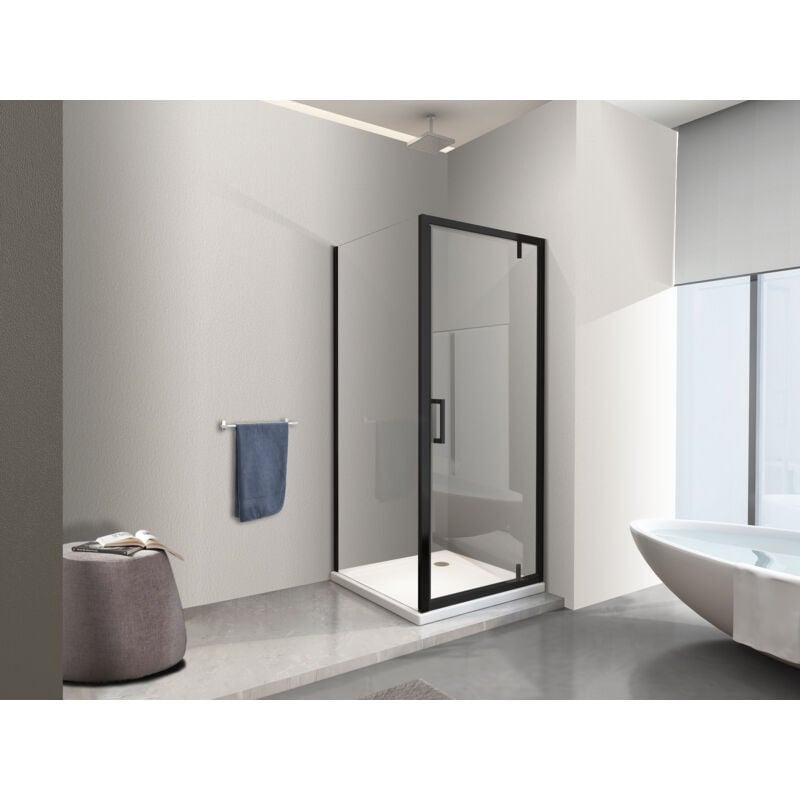 foto del prodotto doccia con parete fissa laterale e porta rototraslante con perni asimmetrici vetro 8 mm nero opaco 120 118 120 fissa x porta 90 87 90 nala