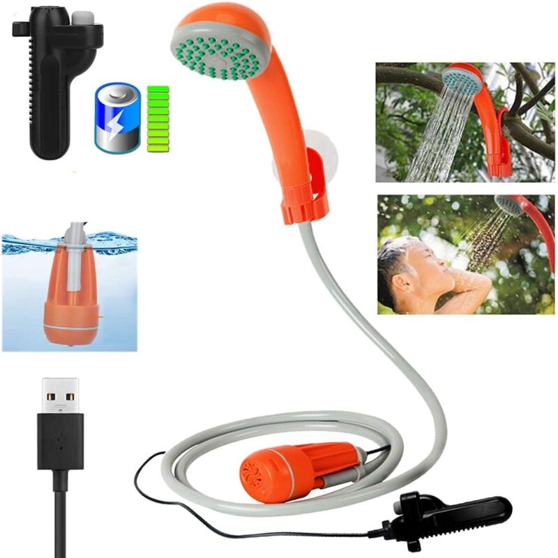 foto del prodotto doccia da campeggio, da escursionismo, da viaggio, con batteria ricaricabile da 2200 mah, cavo usb, pompa dell acqua, tubo da 2 m, ventose e ganci