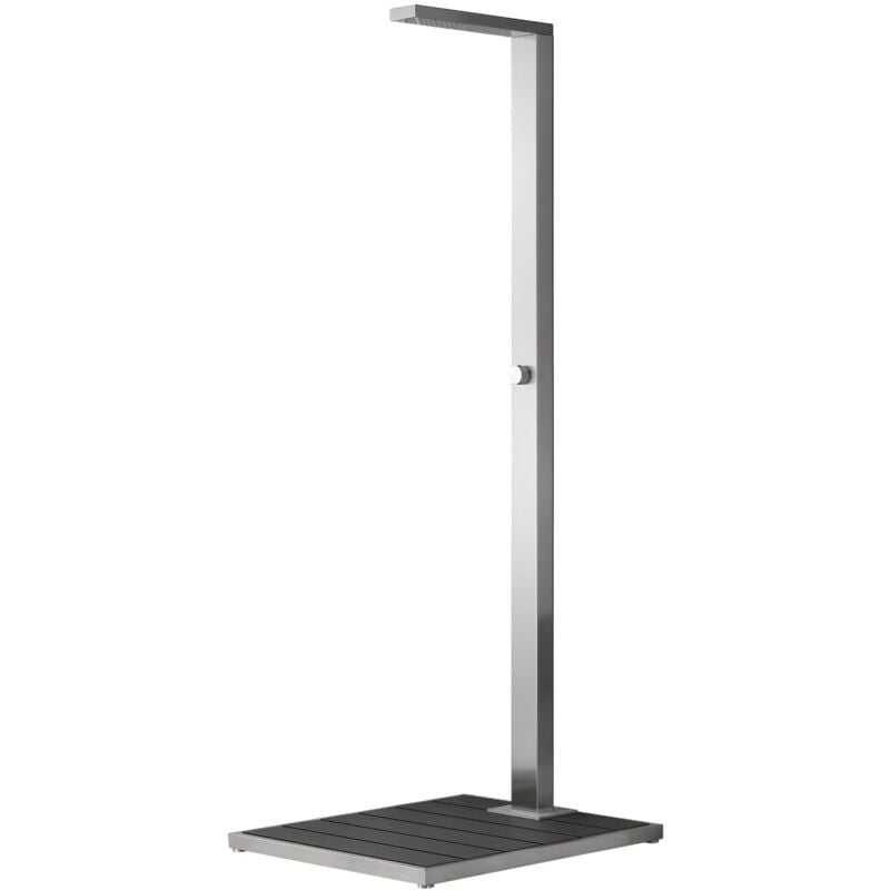foto del prodotto doccia da esterno inox spazzolato modello faggio con pedana antiscivolo wpc