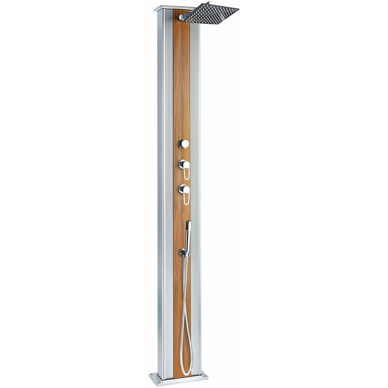 foto del prodotto doccia solare ibrida da giardino 40l miscelatore e doccetta lavapiedi alluminio metallizzato legno