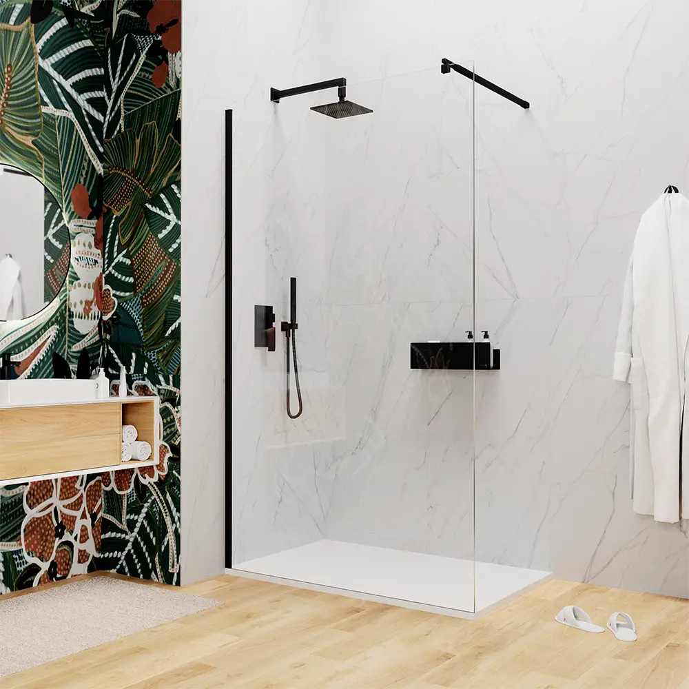 foto del prodotto doccia walk-in 100 cm vetro 8mm anticalcare trasparente h200 profili neri keros