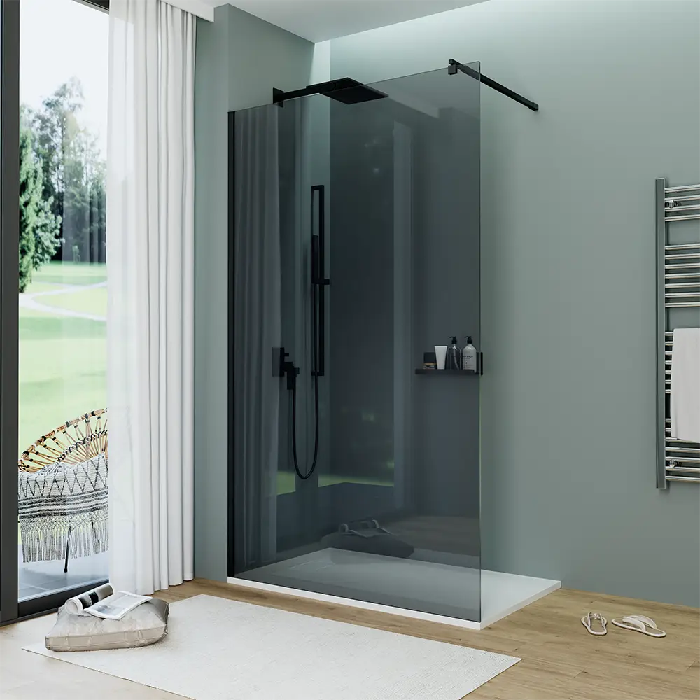 foto del prodotto doccia walk-in 130 cm vetro 8mm anticalcare fum h200 profili neri keros