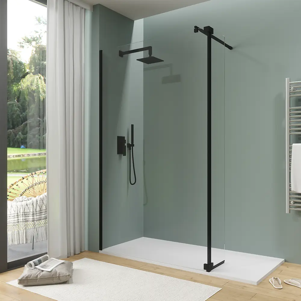 foto del prodotto doccia walk in 150cm anta 30cm vetro 8mm trasparente profili neri keros