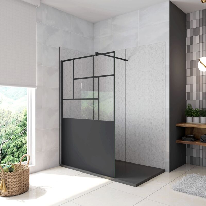 foto del prodotto doccia walk in parete fissa vetro temperato 8 mm anticalcare 90x200cm semitrasparente riquadri nero serigrafato barra stabilizzatrice da 140cm