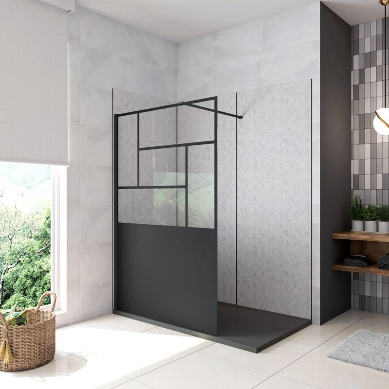 foto del prodotto doccia walk in parete fissa vetro temperato 8 mm anticalcare 90x200cm semitrasparente riquadri nero serigrafato barra stabilizzatrice da 90cm