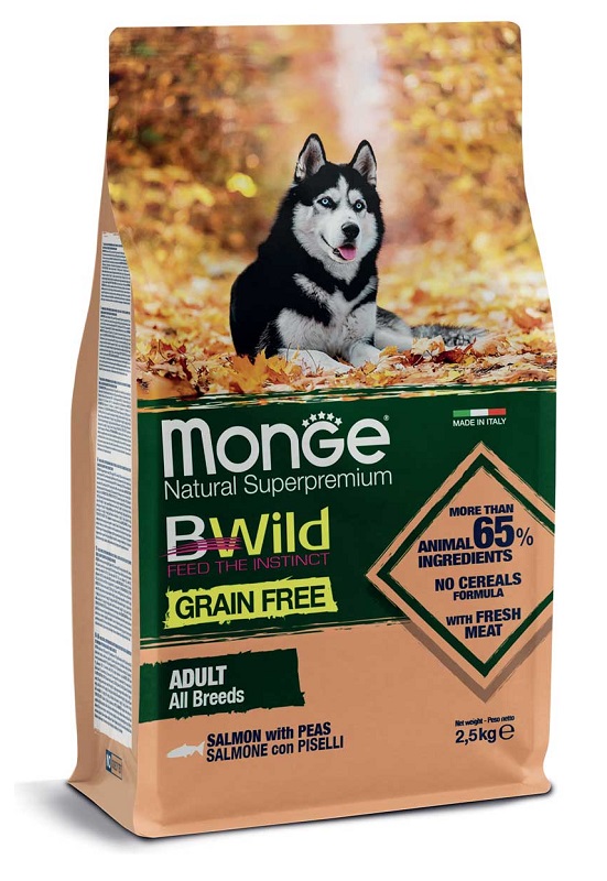 foto del prodotto dog bwild grain free adult all breed salmone e piselli dog bwild grain free adult all breed salmone e piselli sacco da 12 kg monge