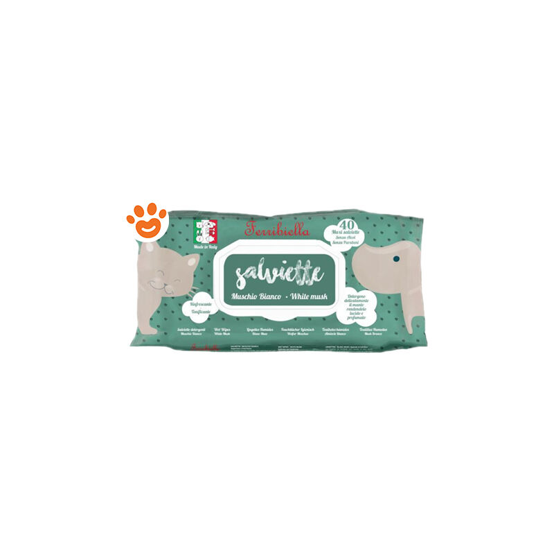 foto del prodotto dog cat salviette detergenti muschio bianco dog cat salviette detergenti muschio bianco confezione da 40 salviette ferribiella