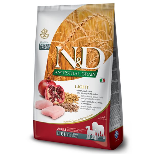 foto del prodotto dog n d ancestral grain light medium maxi pollo e melograno dog n d ancestral grain light medium maxi pollo e melograno sacco da 12 kg farmina