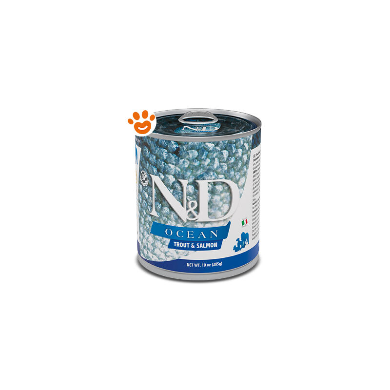 foto del prodotto dog n d ocean adult trota e salmone dog n d ocean adult trota e salmone lattina da 285 gr farmina