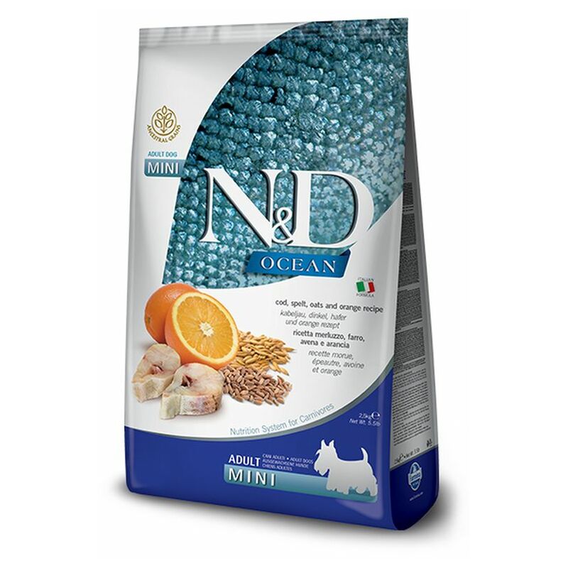 foto del prodotto dog n d ocean grain adult mini merluzzo, farro, avena e arancia dog n d ocean grain adult mini merluzzo, farro, avena e arancia sacco da 2,5 kg