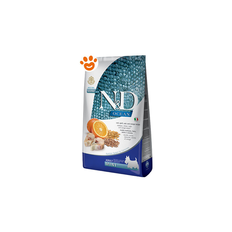 foto del prodotto dog n d ocean grain adult mini merluzzo, farro, avena e arancia dog n d ocean grain adult mini merluzzo, farro, avena e arancia sacco da 7 kg