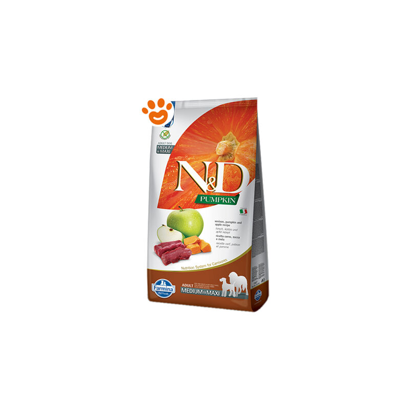 foto del prodotto dog n d pumpkin adult medium maxi cervo, zucca e mela dog n d pumpkin adult medium maxi cervo, zucca e mela sacco da 12 kg farmina