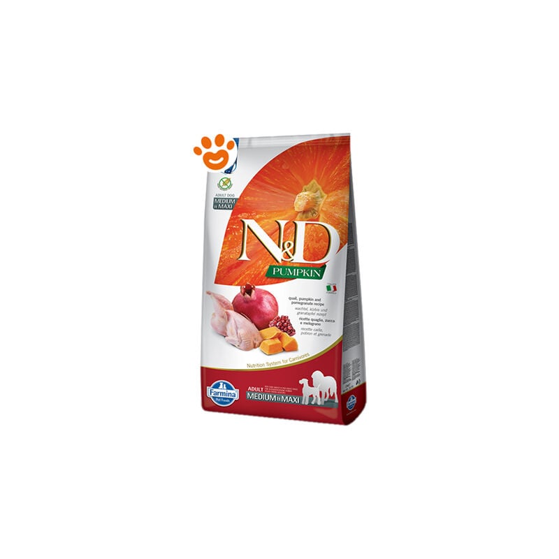 foto del prodotto dog n d pumpkin adult medium maxi quaglia, zucca e melograno dog n d pumpkin adult medium maxi quaglia, zucca e melograno sacco da 12 kg farmina