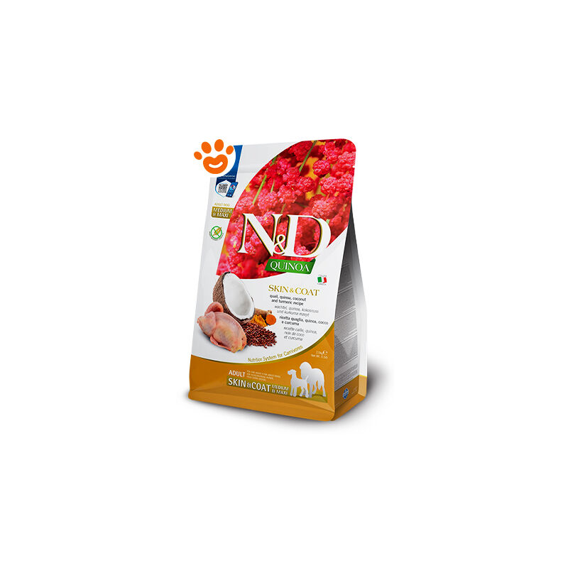 foto del prodotto dog n d quinoa skin coat adult medium maxi quaglia dog n d quinoa skin coat adult medium maxi quaglia sacco da 2,5 kg farmina