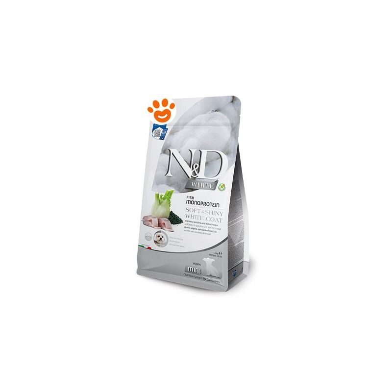 foto del prodotto dog n d white puppy mini branzino, finocchio e spirulina dog n d white puppy mini branzino, finocchio e spirulina sacco da 1,5 kg farmina