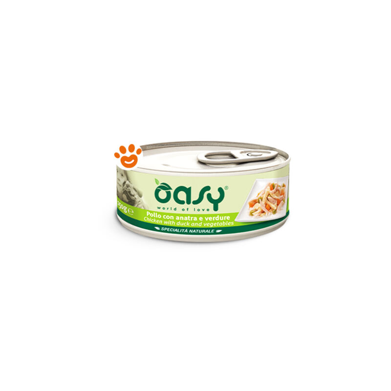 foto del prodotto dog specialit naturali pollo con anatra e verdure dog specialit naturali pollo con anatra e verdure lattina da 150 gr oasy