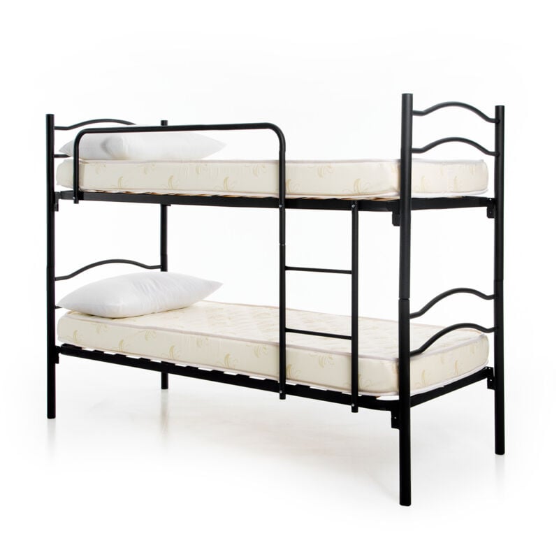 foto del prodotto dolcisogni letto a castello completo di reti, materassi e cuscini, scomponibile in 2 letti singoli 80x190 cm, colore nero, altezza totale 150 cm,