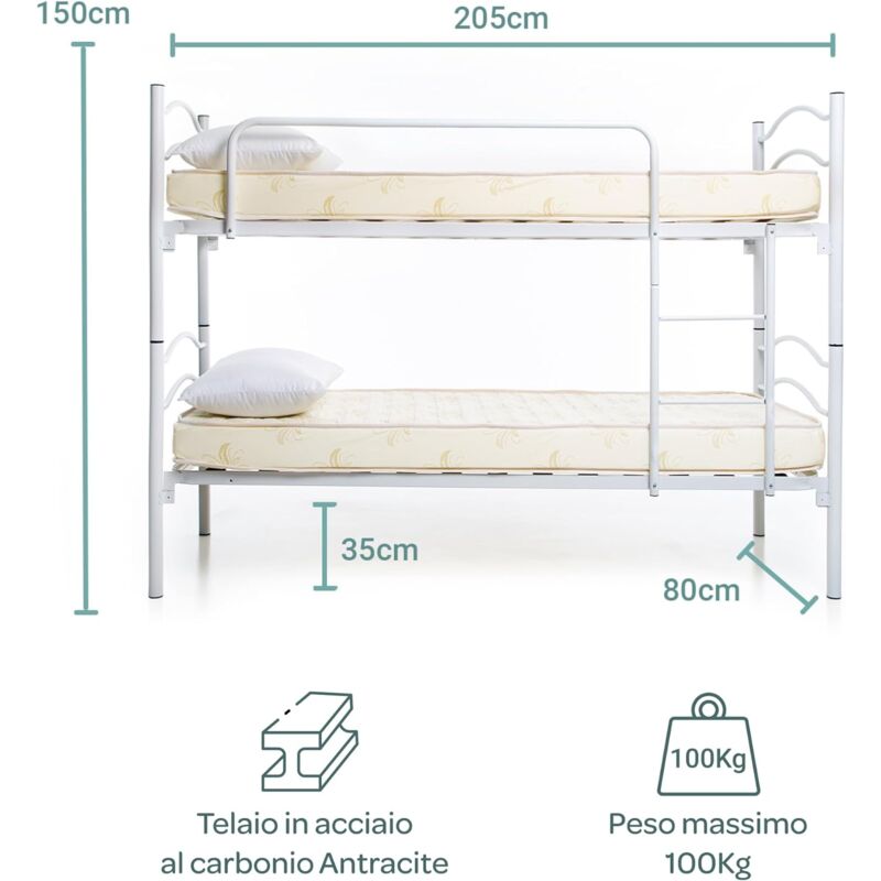foto del prodotto dolcisogni letto a castello in ferro battuto completo di reti, materassi e cuscini colore bianco, altezza totale 150 cm, scomponibile in 2 letti