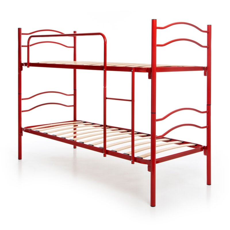 foto del prodotto dolcisogni letto a castello per adulti e bambini con reti a doghe scomponibile in 2 letti singoli 80x190 cm, colore rosso, altezza totale 150 cm,
