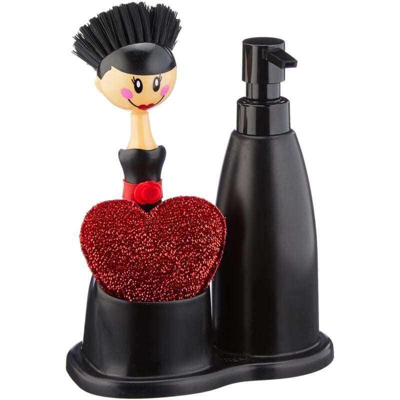 foto del prodotto dolls set da cucina con dispenser sapone, spugna e pennello lavapiatti, nero rosso vigar