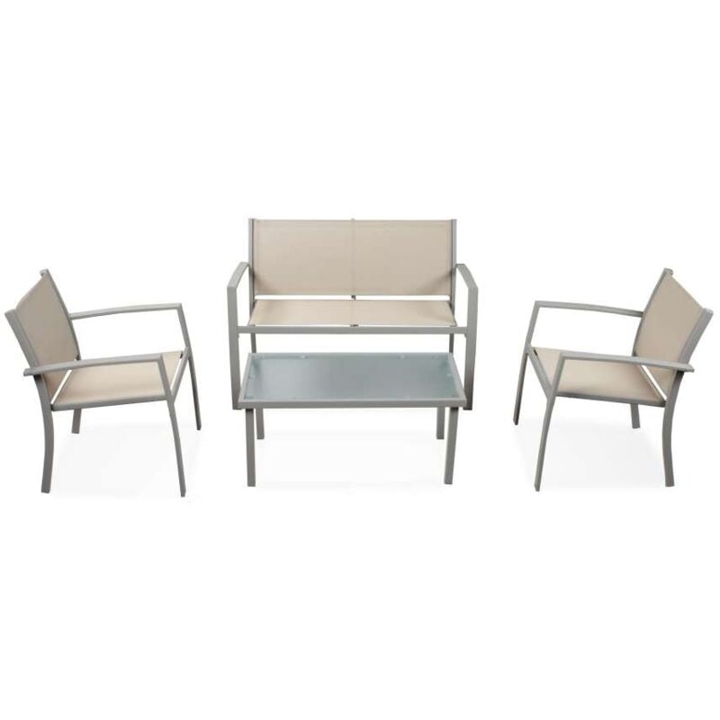 foto del prodotto domo mea set patio in acciaio e texilene taupe divano, sedie e tavolino
