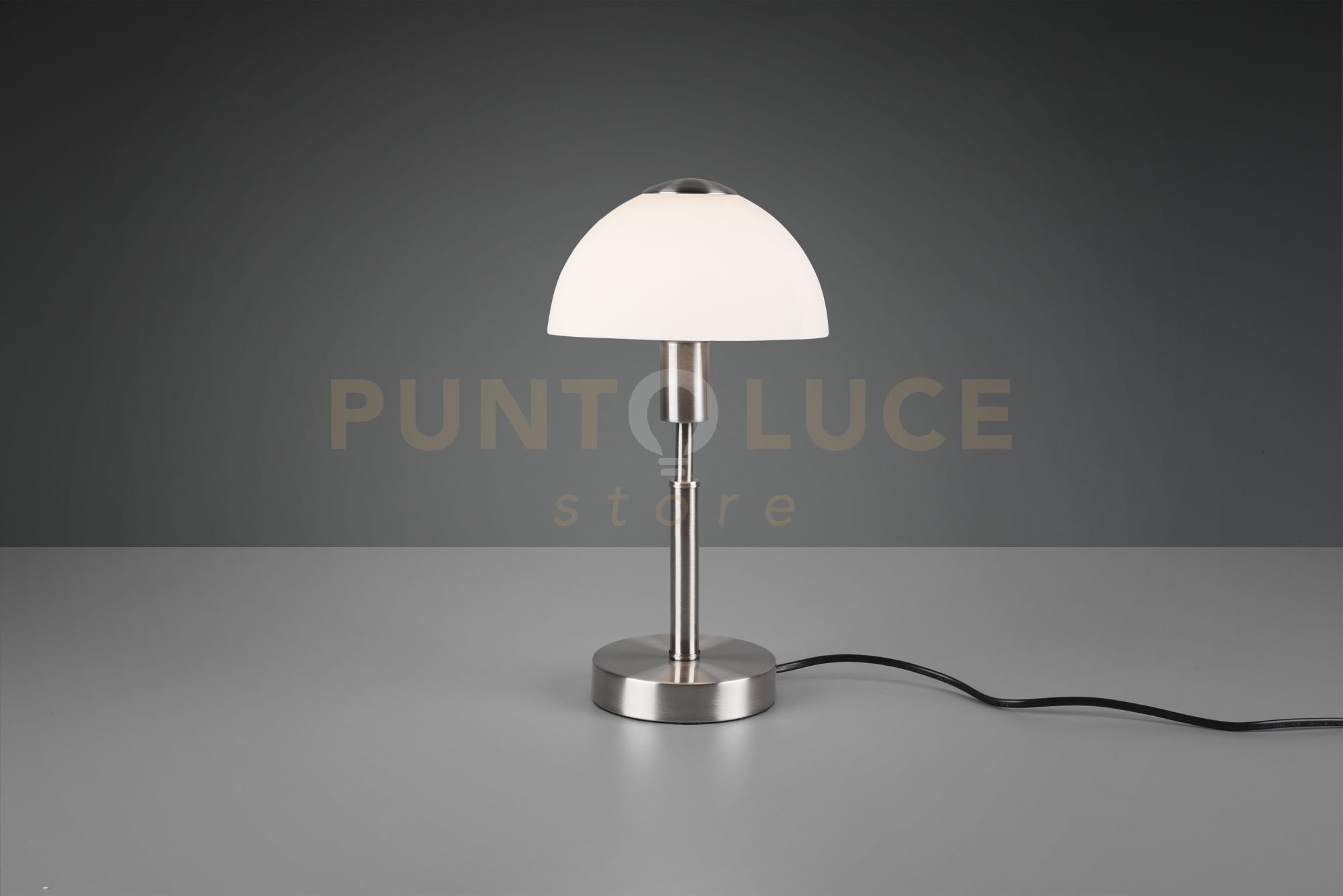 foto del prodotto don ii lampada da tavolo cupola vetro bianco e metallo acciaio satinato con interruttore h. 33cm 1 luce attacco e14