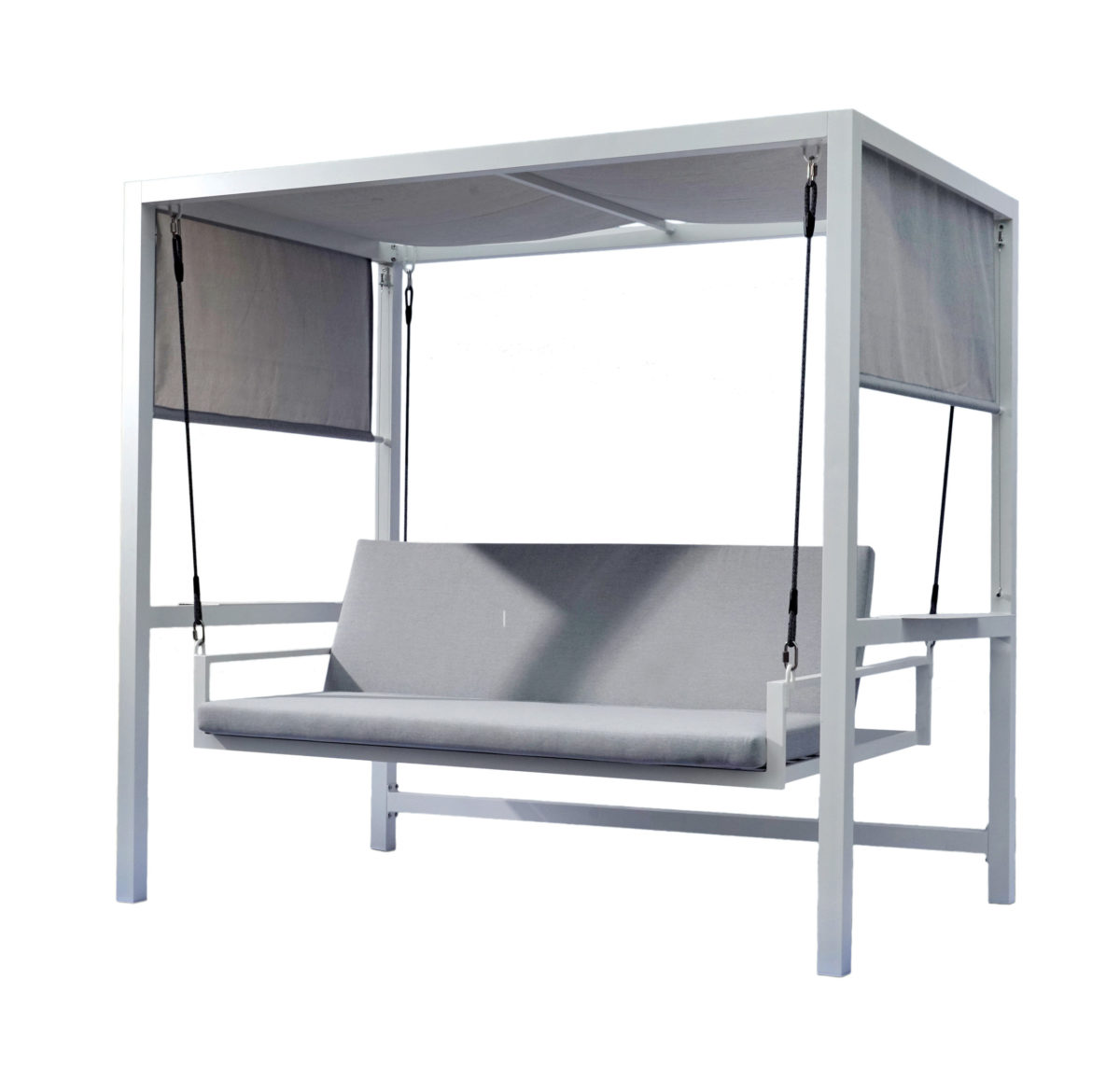 foto del prodotto dondolo 3 posti reclinabile, con gazebo bianco grigio olefin